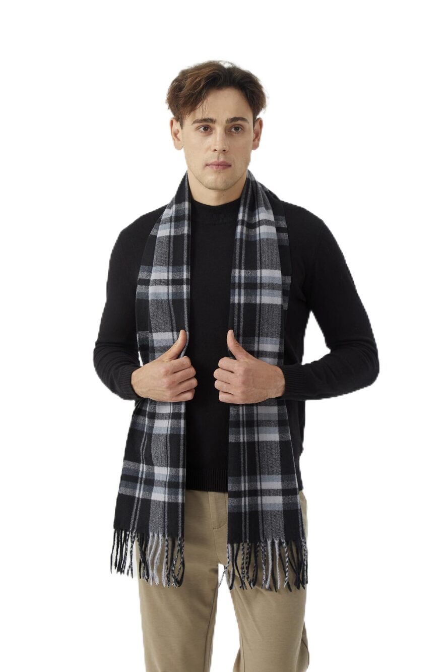 2068 Black Winter Scarf Classic Plaid Long Tassel Scarf Warm Soft Cashmere
